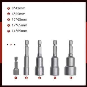 Magnetic socket bit set, 5 sizes, 8mm, 10mm, 12mm, 14mm, 6mm, for use with power drills and screwdrivers - Bit head