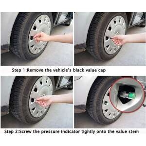 How to install tire pressure indicator valve caps, step 1 and 2, remove black cap, screw on pressure indicator - Construction & Renovation