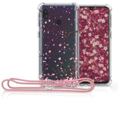 kwmobile Samsung Galaxy A40 phone case with pink lanyard, clear case with cherry blossom design