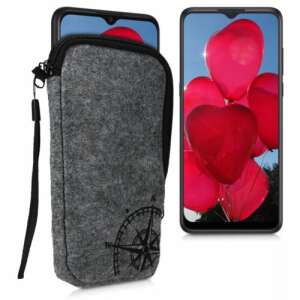 kwmobile universal phone pouch for large smartphones up to 6.5 inches, grey felt with compass design, zipper closure - Phone Case