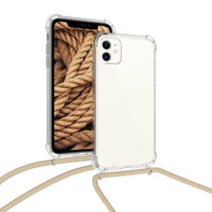 kwmobile iPhone 11 clear case with beige neck strap, angled view - Phone Case