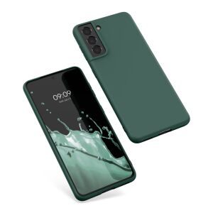 kwmobile green Samsung Galaxy S21 TPU case on phone, angled view - Phone Case