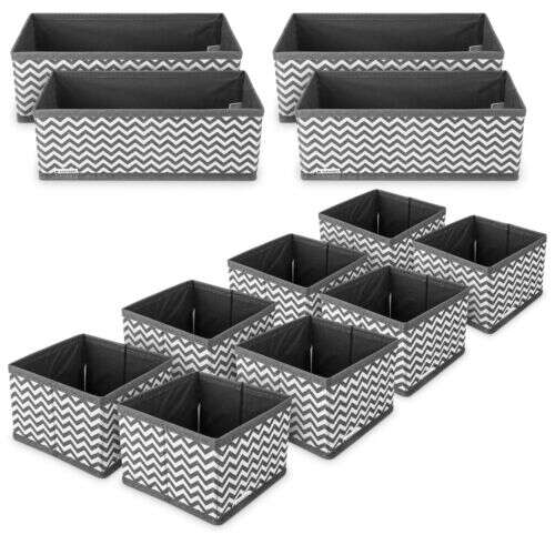Navaris 12-piece drawer organizer set in different sizes, gray and white chevron pattern