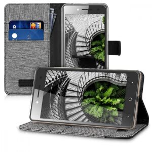 kwmobile ZTE Blade L7 grey textile wallet case with phone in landscape mode - Kwmobile