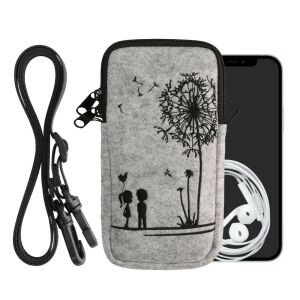 Kwmobile Universal Felt Phone Pouch XL with dandelion design, black strap, and phone - Phone Case