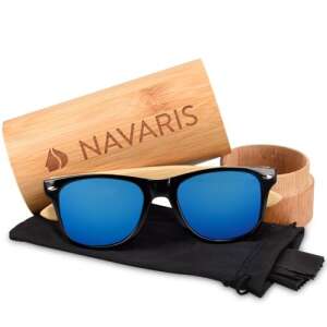 Navaris unisex bamboo sunglasses with black frame and blue mirrored lenses, comes with a bamboo case and a cleaning cloth - Men's Sunglass