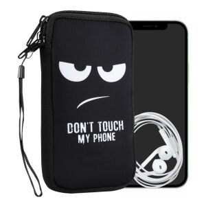 kwmobile Black Neoprene Phone Case with 'Don't Touch My Phone' design, phone and earphones - Phone Case