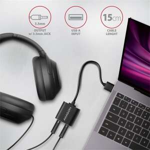 AXAGON ADA-12 USB Audio 2.0 Externe Soundkarte an einen Laptop angeschlossen mit angeschlossenen Kopfhörern - AXAGON