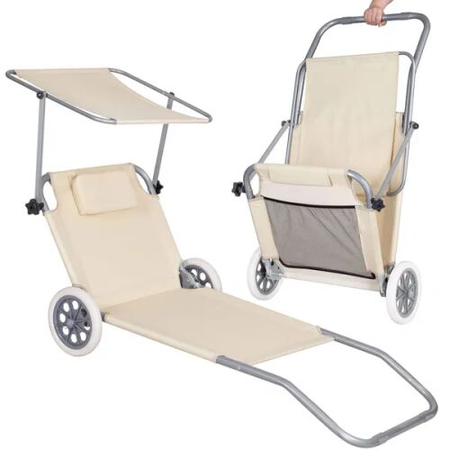 Springos beige folding beach chair with canopy and wheels, folded and unfolded