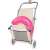 Springos beige folding sun lounger with canopy and wheels, showing the lounger folded with a pink inflatable ring inside