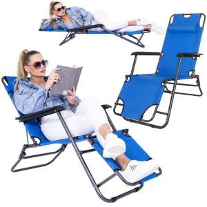 Collage of Springos blue folding sun lounger in use - Sun Lounger & Deck Chair