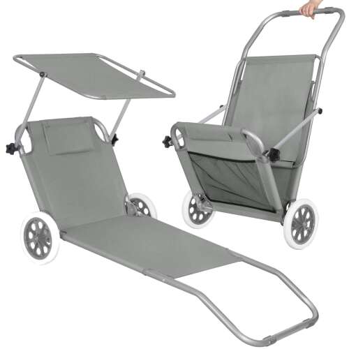 Сгъваем шезлонг Springos сив с колела и сенник, 3/4 изглед