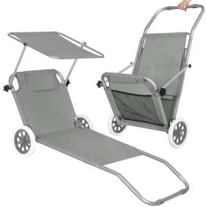 Springos grey folding sun lounger with wheels and canopy, 3/4 view - Sun Lounger & Deck Chair