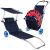 Springos dark blue folding beach chair with wheels and sunshade, open and folded view with beach accessories