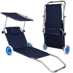 Springos dark blue folding beach chair with wheels and sunshade, open and folded view - Sun Lounger & Deck Chair