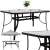 Springos garden table with tempered glass top and black metal frame, with a grey parasol