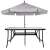 Black metal garden table with tempered glass top and a grey parasol