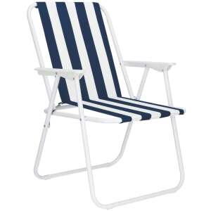 Springos folding camping chair with blue and white stripes, white frame, comfortable for outdoor use
