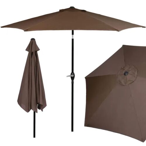 Springos 2.5m brown garden umbrella collage: open, closed, and top view