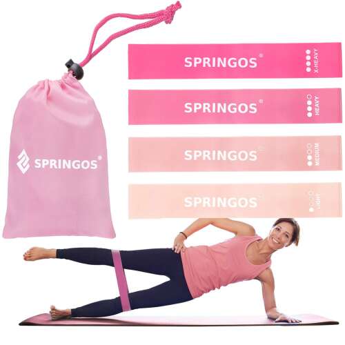 Springos resistance band set with 4 bands, pink, with carrying bag, woman using the band for leg workout