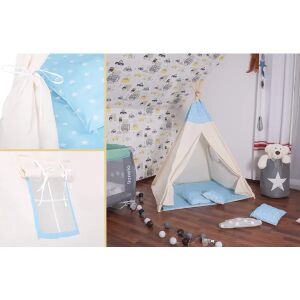 Collage of Springos Indian tent with blue star pattern and details - Teepee