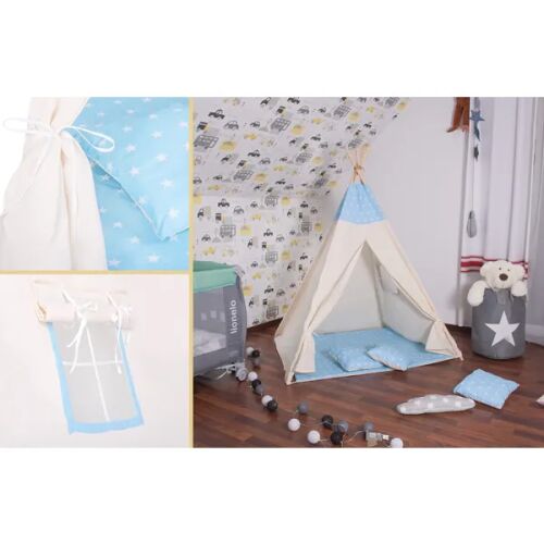 Collage of Springos Indian tent with blue star pattern and details
