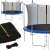 Springos trampoline safety net with ladder, 305cm diameter, black net, blue frame, collage