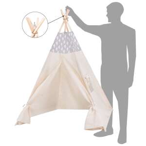 Springos teepee tent stabilizer, wooden frame with rope and metal screw, white canvas tent with grey heart pattern - Teepee