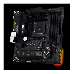 Angled view of Asus TUF GAMING B550M-PLUS motherboard - ASUS Motherboard