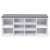 White shoe storage bench with gray padded seat and 10 compartments