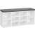 White shoe storage bench with gray padded seat and 10 compartments