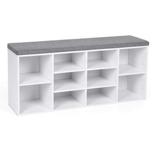 White shoe storage bench with gray padded seat and 10 compartments