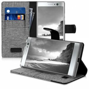 kwmobile Sony Xperia XA2 сив текстилен калъф-портфейл с отделения за карти и стойка - Технически статии и електроника
