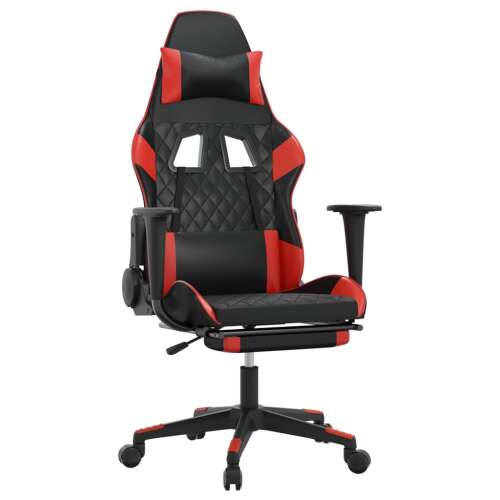 Fekete-piros játékszék lábtartóval, állítható háttámlával és magassággal, kényelmes kialakítással, masszázs funkcióval, tartós műbőrrel - Gamer szék