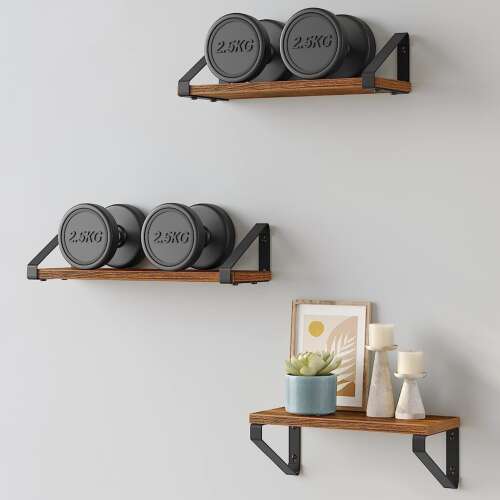 Set of 3 rustic brown floating shelves with black metal brackets, perfect for displaying decor, photos, or plants