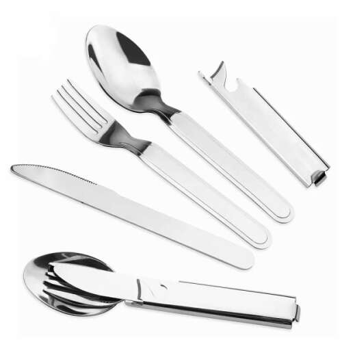 Camping-Besteckset, beinhaltet Messer, Gabel, Löffel und Flaschenöffner