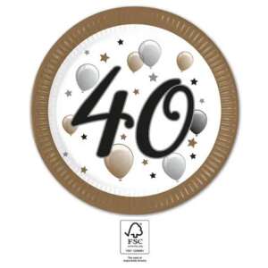 Papierové taniere Happy Birthday 40 Milestone, 8 kusov, 23 cm, zlaté a strieborné balóny, certifikát FSC - Párty potreby