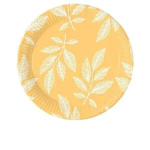 Orange Leaves paper plates, 8 pack, 23 cm, yellow with white leaf design - Disposable Plate