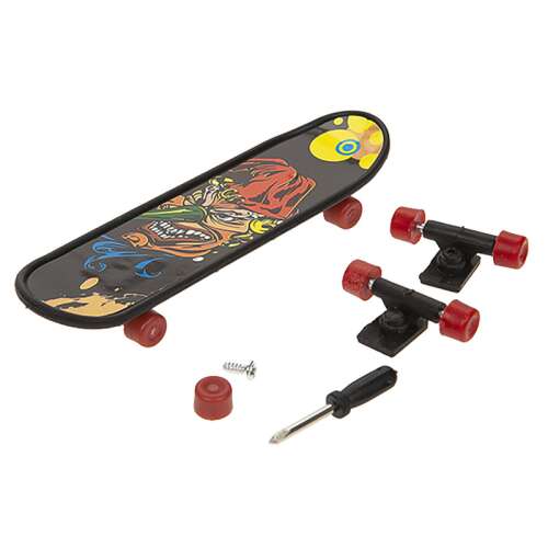 Fingerboard skateboard s grafickým dizajnom, obsahuje trucky, kolieska a skrutkovač