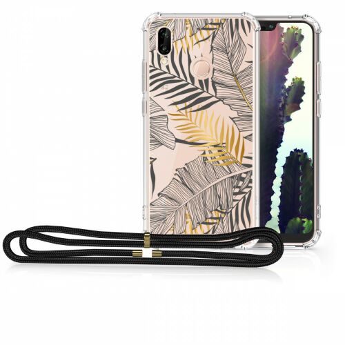 kwmobile Huawei P20 Lite case with neck strap, clear silicone phone cover with leaf design