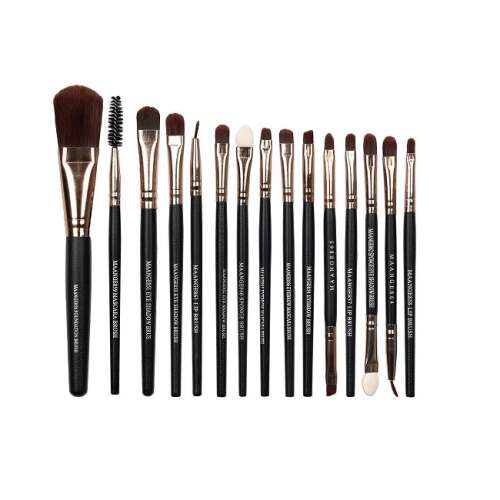 Sada 15 make-up štetcov, obsahuje štetce na nanášanie make-upu, lícenky, kontúrovanie, očné tiene, očné linky, obočie a pery