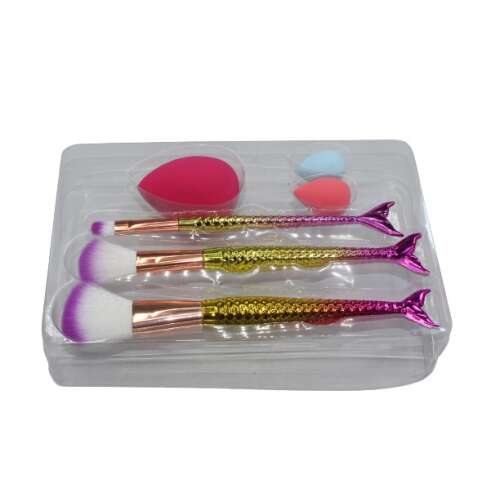 Mermaid makeup brush set with 3 brushes and 3 sponges