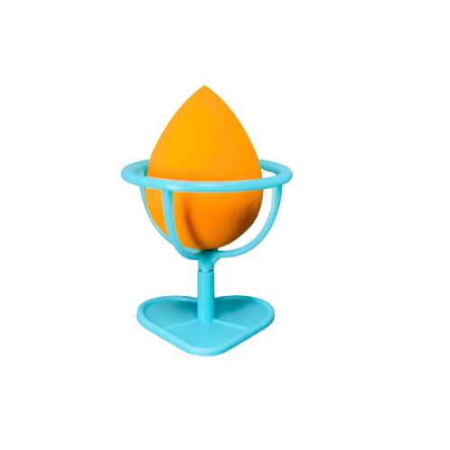 Orange makeup sponge in blue drying stand