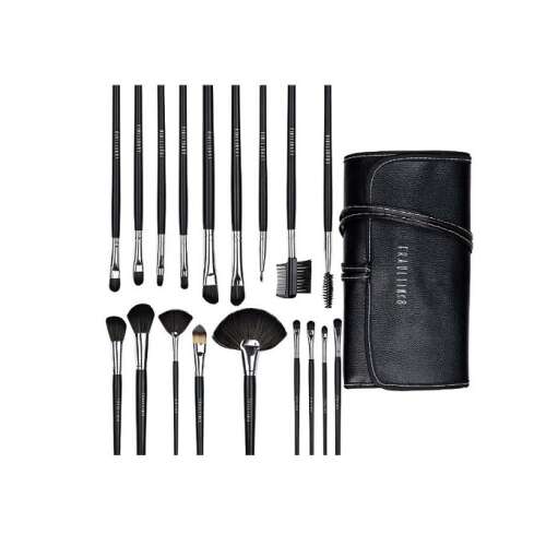 Fraulein38 18 piece makeup brush set, black, with bag, all brushes laid out and bag