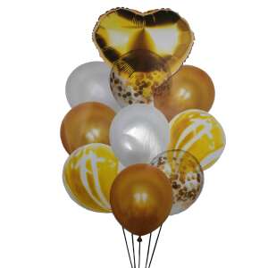 10 pack gold and white latex balloons with gold heart foil balloon and confetti balloons - Balloon