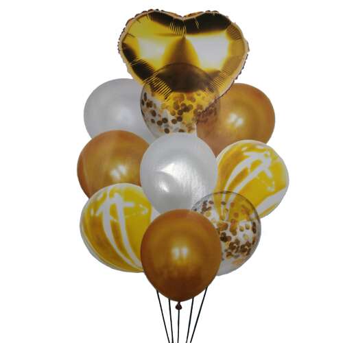 10 pack gold and white latex balloons with gold heart foil balloon and confetti balloons