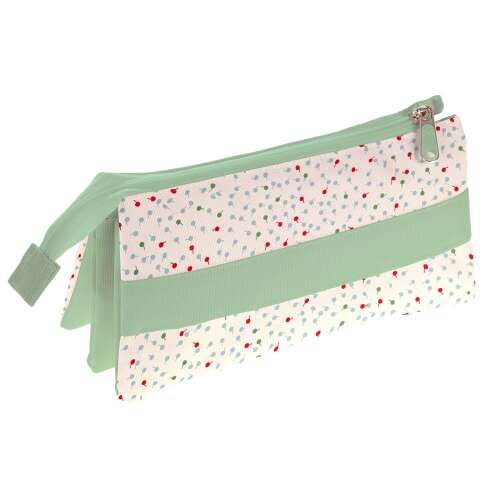 Nina20 Nature 3 compartment pencil case with zipper, green and white with small red and blue dots pattern