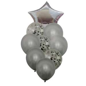 Silver balloon bouquet with confetti, includes a star shaped foil balloon - Balloon
