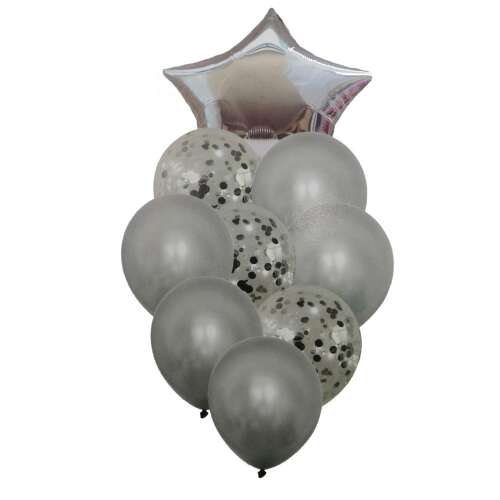 Silver balloon bouquet with confetti, includes a star shaped foil balloon