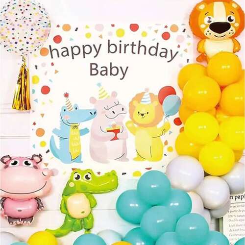 Jungle Party balloon arch kit with banner, balloons, and decorations